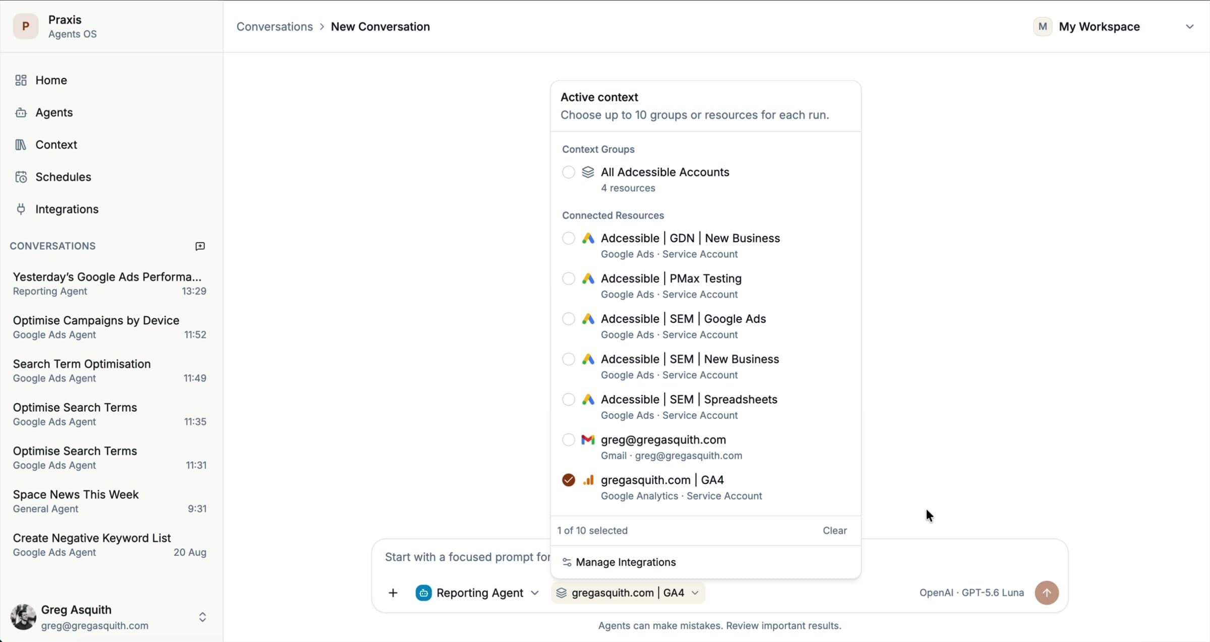 The active context picker listing Google Ads accounts, a Gmail mailbox and a GA4 property