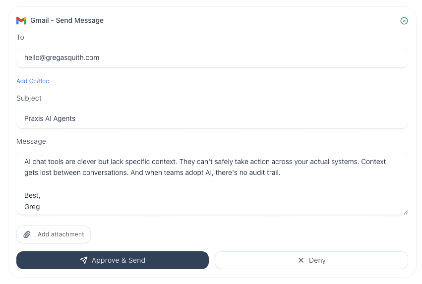 Praxis approval screen for sending a Gmail message with approve and deny actions.