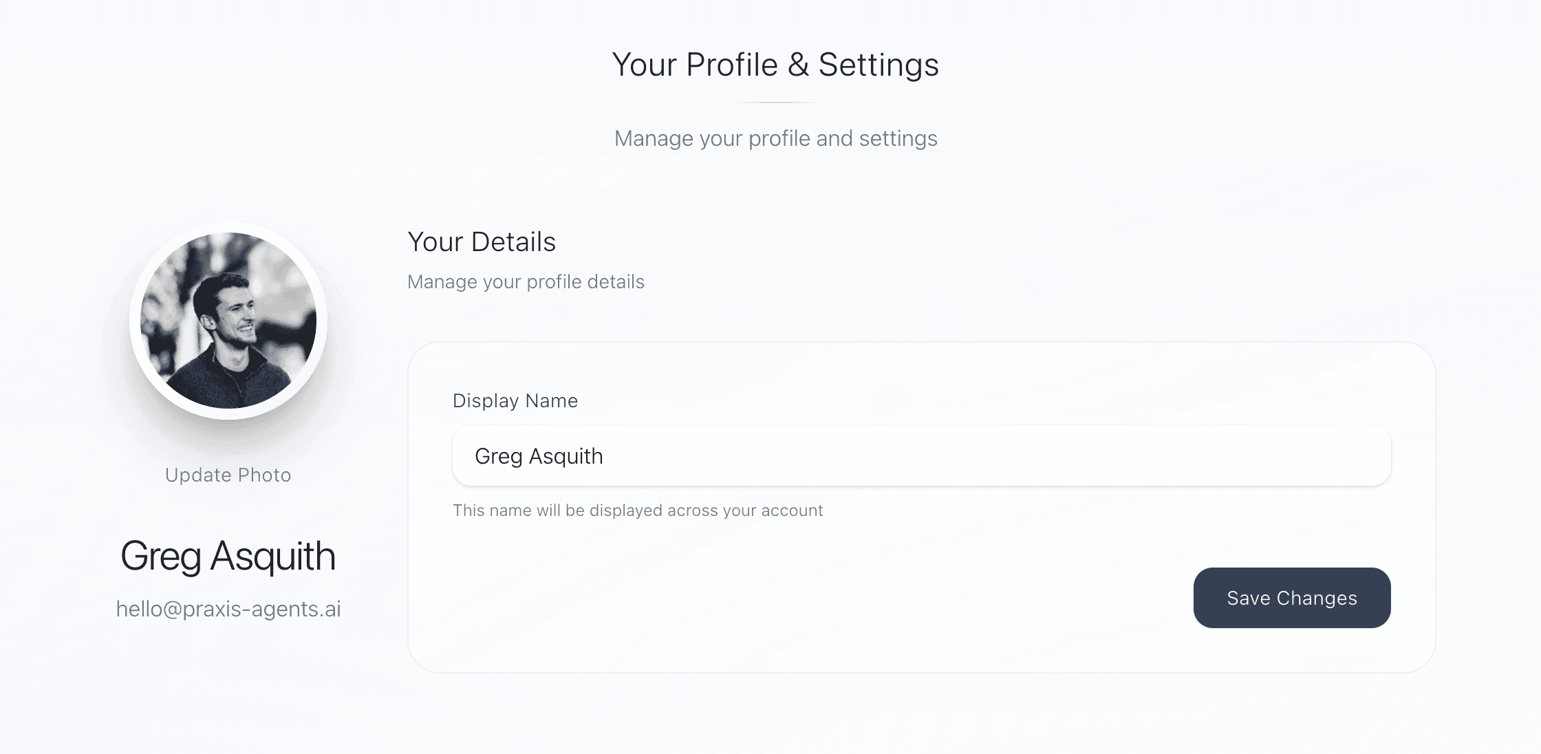 Praxis profile and settings screen showing user details and account management controls.