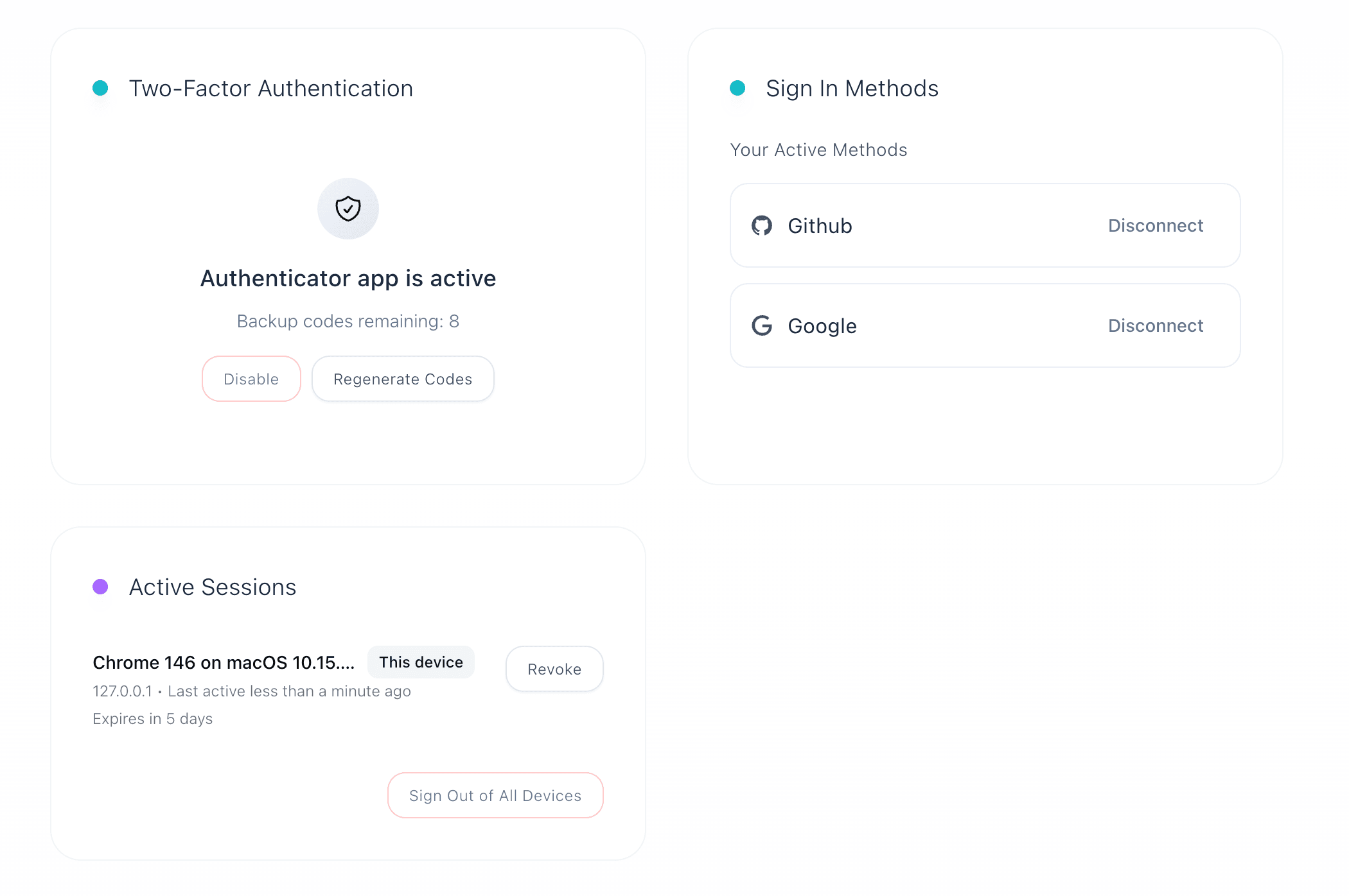 Praxis security settings screen showing two-factor authentication, sign-in methods, and active sessions.