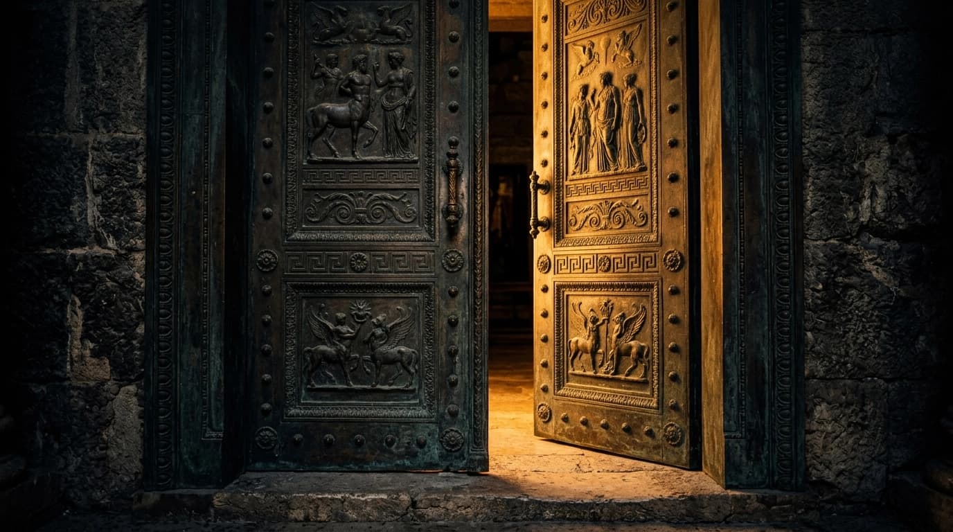 Ornate bronze temple door ajar with golden light
