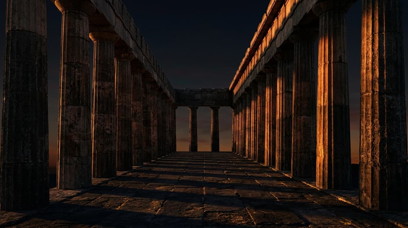 Greek temple colonnade at golden hour
